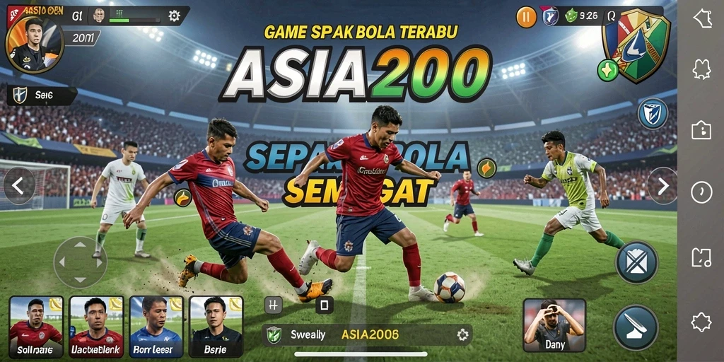 Screenshot gameplay ASIA200 menampilkan aksi pertandingan sepak bola yang mendebarkan.