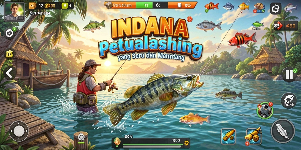 Screenshot gameplay INDAAA menunjukkan momen seru saat menangkap ikan.