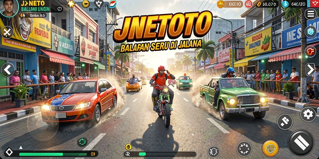 Screenshot gameplay JNETOTO dengan mobil balap yang melaju cepat.