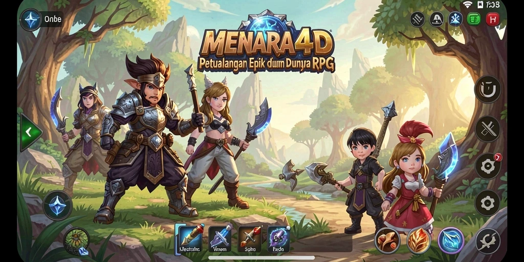 Screenshot MENARA4D menampilkan pertarungan seru dan eksplorasi dunia RPG.