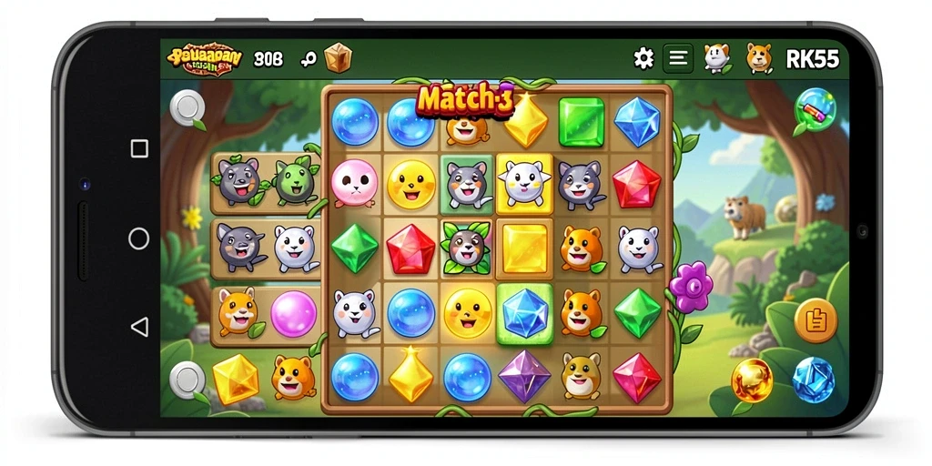 Screenshot menunjukkan pengalaman bermain seru RK55 dengan grafis Match-3 yang menawan.